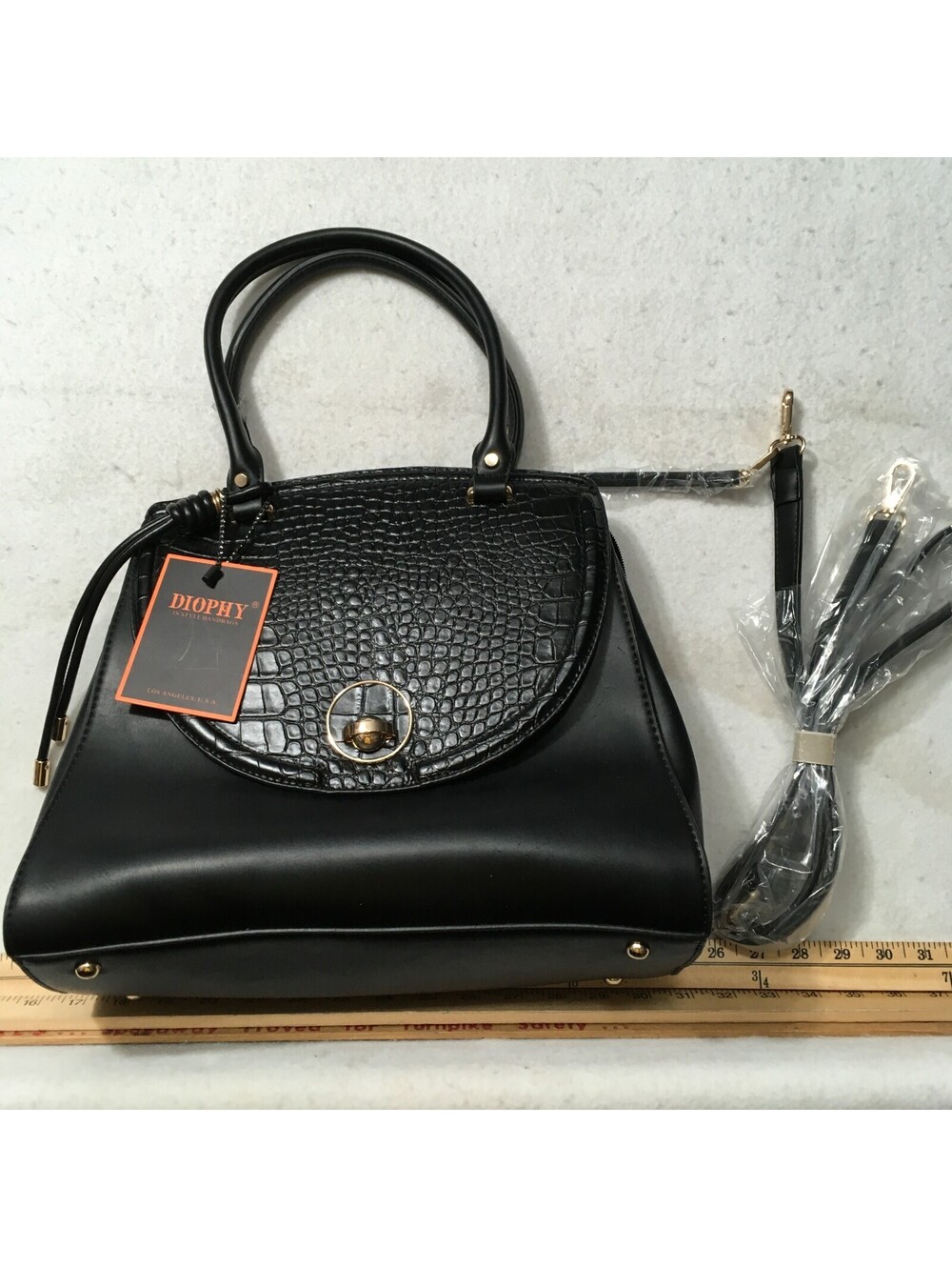 DIOPHY Large BLACK HANDBAG TOTE MULTI PRINT DESIGN Purse- NEW W/ TAGS LINED